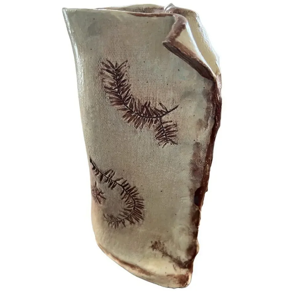 Handmade Natural Glazed Imprint Floral Pinch Vase Signed